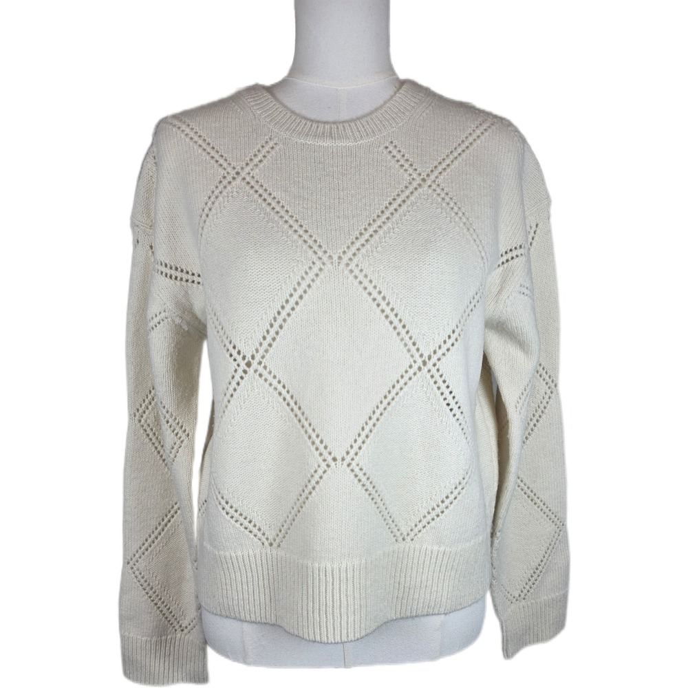 VINCE Women's Cream Wool Pointelle Diamond Knit Crew Neck Sweater